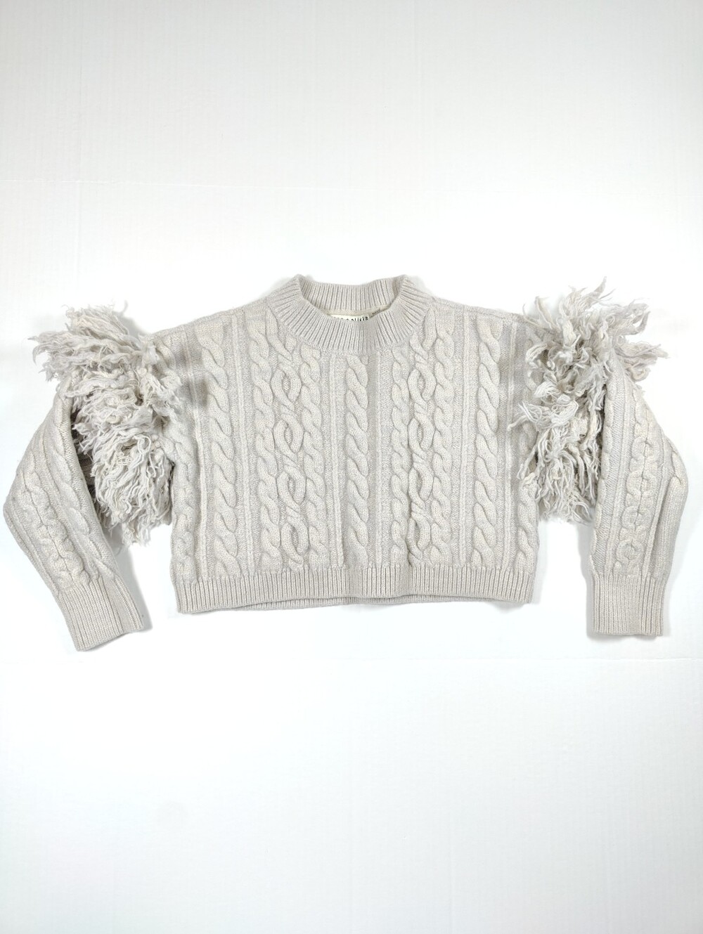 Alice+Olivia Chunky Wool Fringed Cream  Cable Knit Cropped Sweater Size S